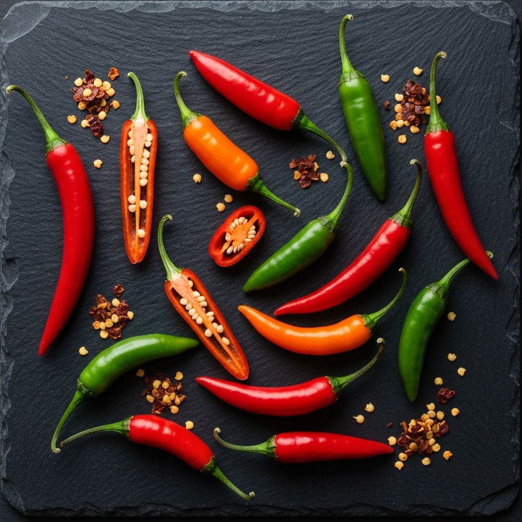 Variety of fresh red, orange and green chillies arranged on a dark stone surface