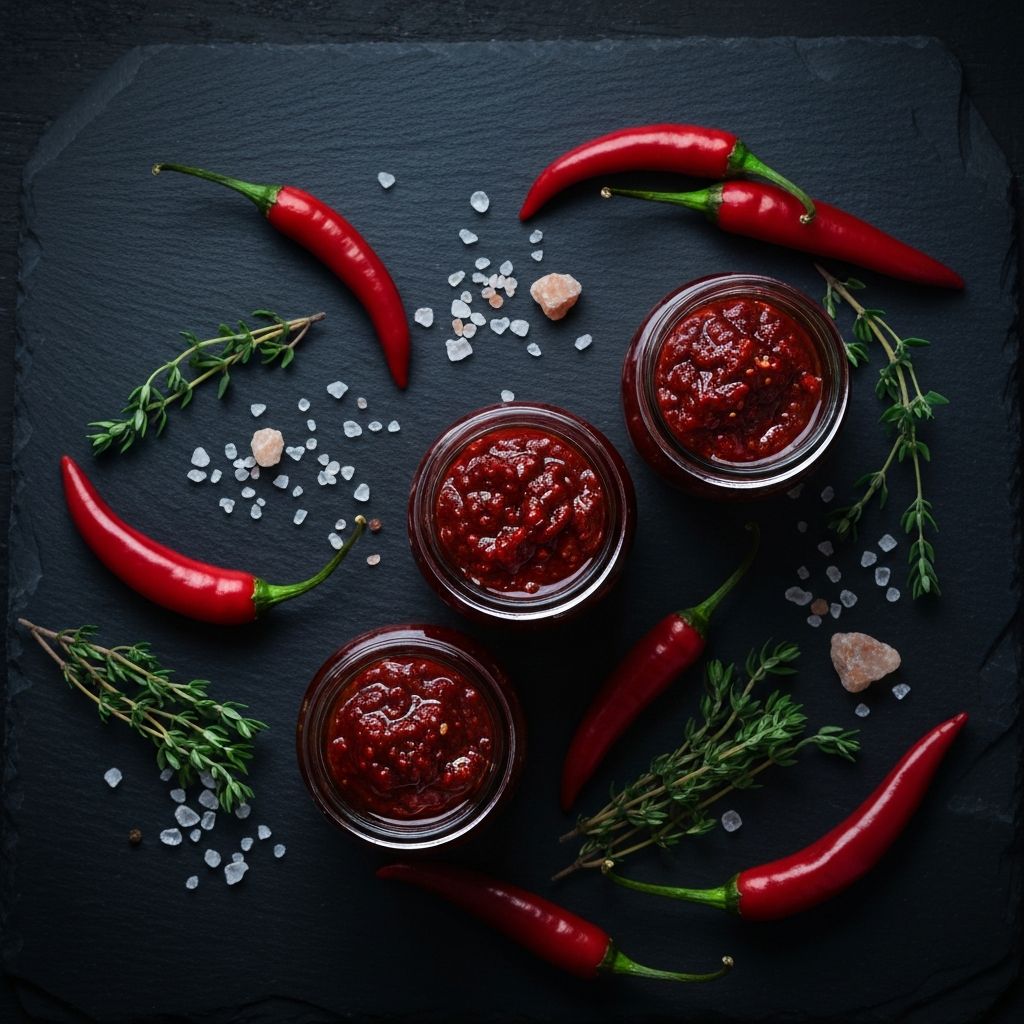 Three glass jars of Snakebite Chilli Jam surrounded by fresh red chillies on a dark slate surface