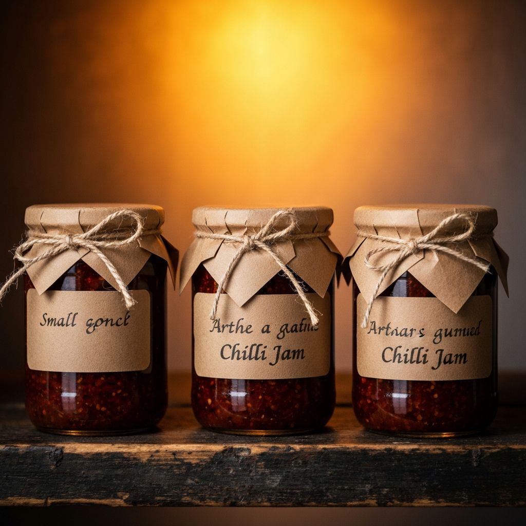 Four glass jars of Snakebite Chilli Jam lined up on a dark wooden shelf with kraft paper labels